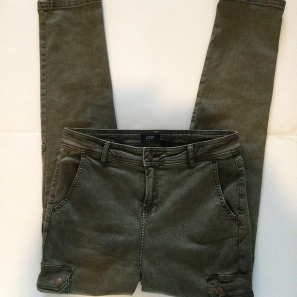Yest Olive Green Denim Cargo Style Skinny Jeans Chic Comfort Size 10